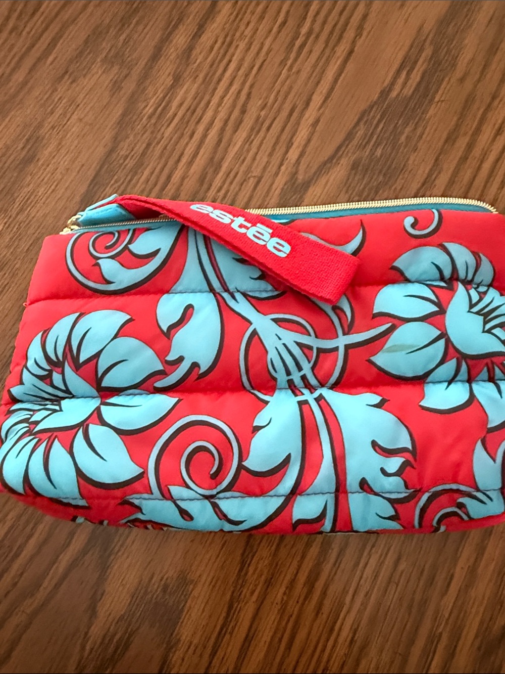 Estee Lauder Red and Turquoise Floral Wristlet Cosmetic Pouch